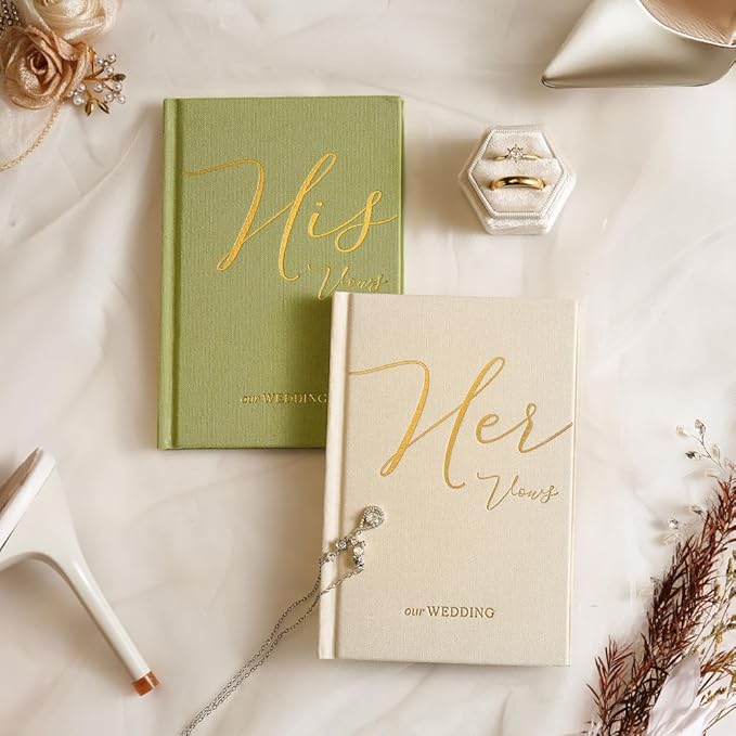 Vow Books His and Hers 2 Pack - 6 x 4 Inch Linen Hardcover Wedding Vow Books with Gold Foil Lettering & Bookmark, Wedding Ceremony Keepsake for Bride and Groom-His and Her Engagement Gift, 48 Pages