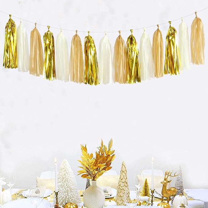 White Gold Champagne Party-Decorations Tassel-Garland -15pcs Christmas Wedding Engagement Tassels Banner Streamers Bachelorette Neutral Birthday Baby Bridal Shower Decor Panduola