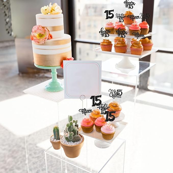 30Pcs 15th Birthday Cupcake Toppers Fifteen Cupcake Picks Cheers to 15 Years Old Mis Quince 15 Cake Decorations for 15th Birthday Anniversary Party Black Glitter