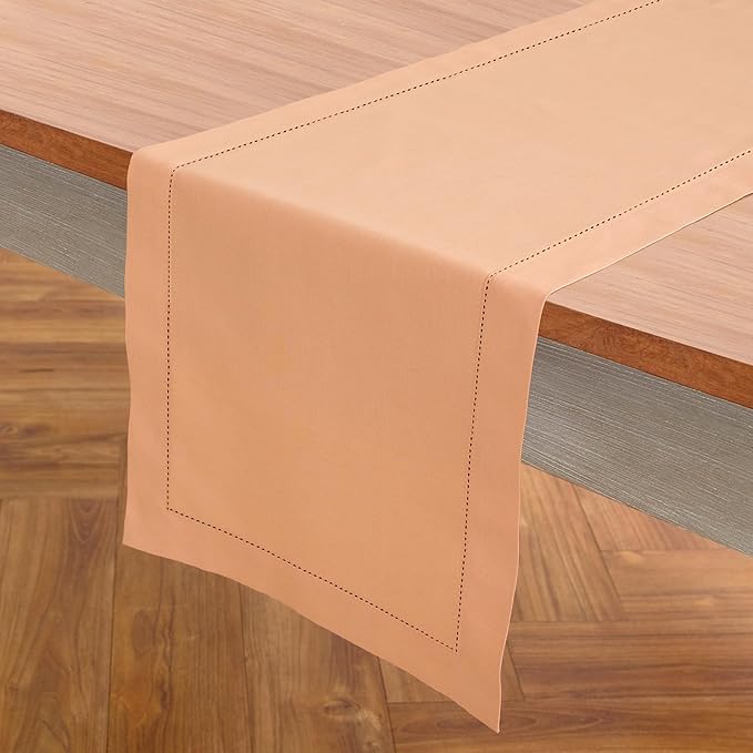 Solino Home Cotton Linen Table Runner 108 Inches Long - Hemstitch Peach Bloom Dining Table Runner 14 x 108 Inch