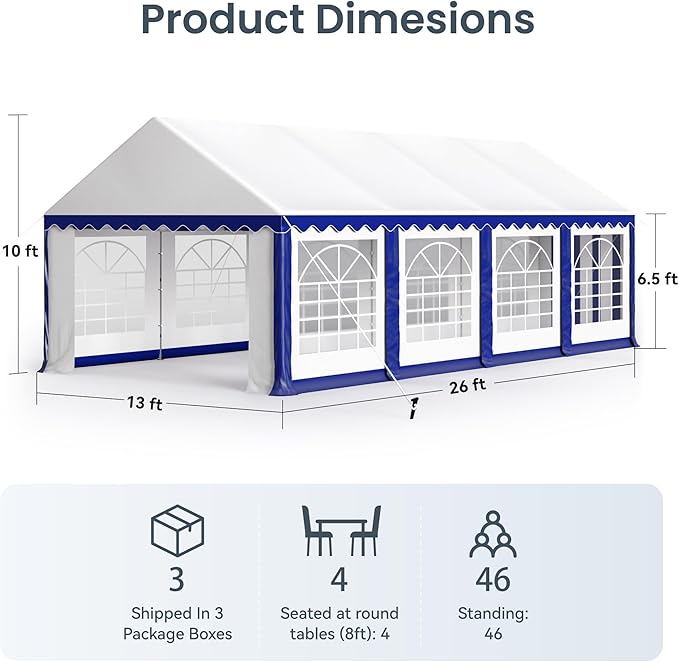 PHI VILLA 26'x13' Outdoor Heavy Duty Party Tent Large Commercial Canopy Wedding Event Tent Shelter Canopy Carport with Removable Sidewalls & 3 Storage Bags for Patio Outdoor Garden Events, Blue