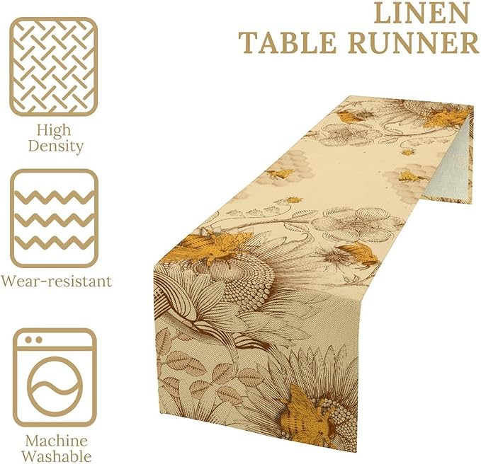 Vintage Bee Table Runner, Rustic Retro Wildflowers Print Home Farmhouse Table Cover for Party Indoor Outdoor Decoration Kitchen Dining Table Decor, 13x108inch