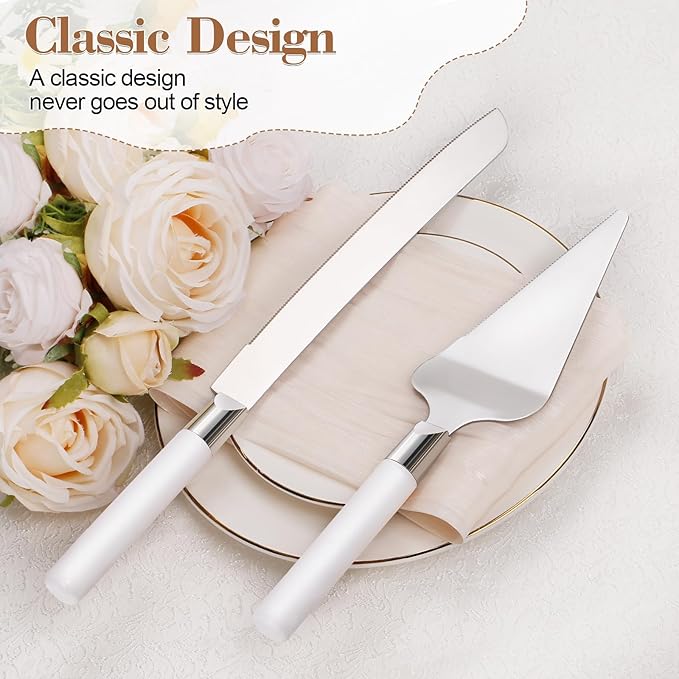 Cake Cutting Set for Wedding, Wood Cake Knife and Server Set, Vintage 2-Piece Pie Cake Cutter, White Pizza Dessert Utensils Bridal Anniversary Birthday Quinceañera Gift (White)