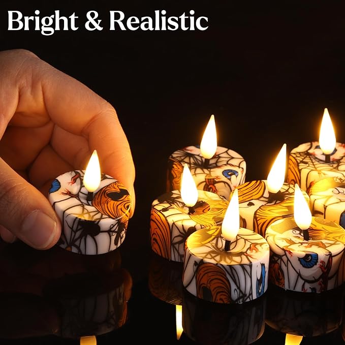 Eywamage Halloween Flameless Tealights with Remote, Spooky Spider Pumpkin Battery LED Tea Votive Candles Set of 12