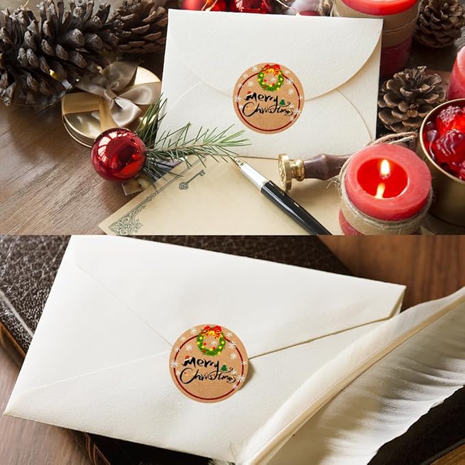 100-1000pcs Custom Stickers Merry Christmas Stickers Personalized Labels Adhesive Xmas Decorative Envelope Seals Stickers for Cards Gift Boxes (Round Kraft -8)