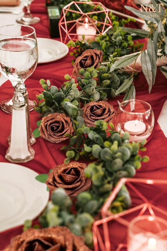 N&T NIETING Artificial Flowers Brown Glitter Flowers Foam 25pcs Roses Real Looking Fake Roses with Stem for DIY Wedding Bouquets Centerpieces Bridal Shower Party Home Decorations