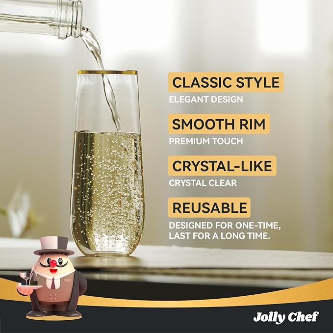 JOLLY CHEF 36 Pack 9 Oz Plastic Champagne Flutes, Gold Stemless Plastic Toasting Glasses| Shatterproof | Heavy Duty | Plastic Disposable Unbreakable Drinkware for Wedding, Birthday, Party