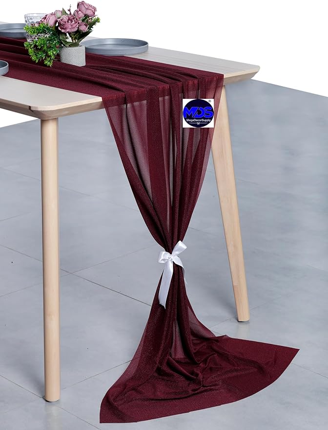 MDS 15 Pack 10ft Chiffon Table Runner 29 x 120 Inches Sheer Wedding Runner Romantic Rustic Table Runner for Wedding Decorations, Birthday Parties, Bridal Shower Party Arch Decor - Burgundy