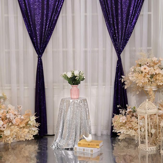 Poise3EHome 2Pcs 3Ft x 8Ft Purple Sequin Backdrop Curtain, Glitter Photography Background, Sequence Xmas Thanksgiving Backdrop for Wedding Party Holiday Festival Decor