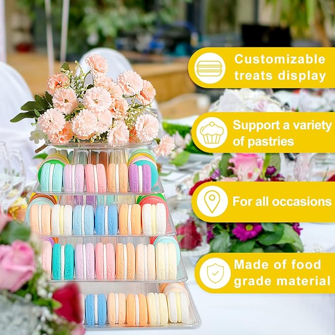 5 Tiers Square Macaron Tower Stand, Plastic Transparent Cake Stand Macaroon Display Rack Desserts Cupcake Holder Platter for Wedding, Birthday Party, Baby Shower, Party Decor