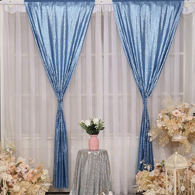 Poise3EHome 2Pcs 3Ft x 8Ft Baby Blue Sequin Backdrop Curtain, Glitter Photography Background, Sequence Xmas Thanksgiving Backdrop for Wedding Party Holiday Festival Decor