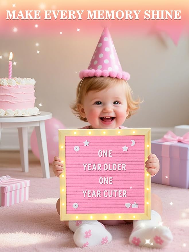 Light up Changeable Felt Letter Board Sign with LED Lights - 10×10" Message Board& Wood Stand& 450 Letters, for Halloween/Birthday/Event/Pregnancy/Baby Announcement/Home Wall Decor Girls Gifts, Pink