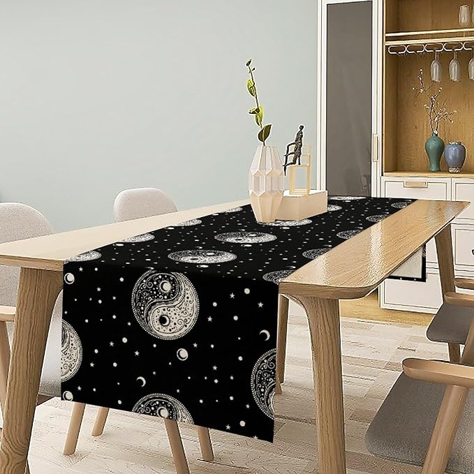 Mystical Celestial Table Runner, Vintage Bohemian Black Yin Yang Symbol Moon Stars Print Table Runner for Office Kitchen Dining Wedding Party Home Coffee Table, 13x70inch