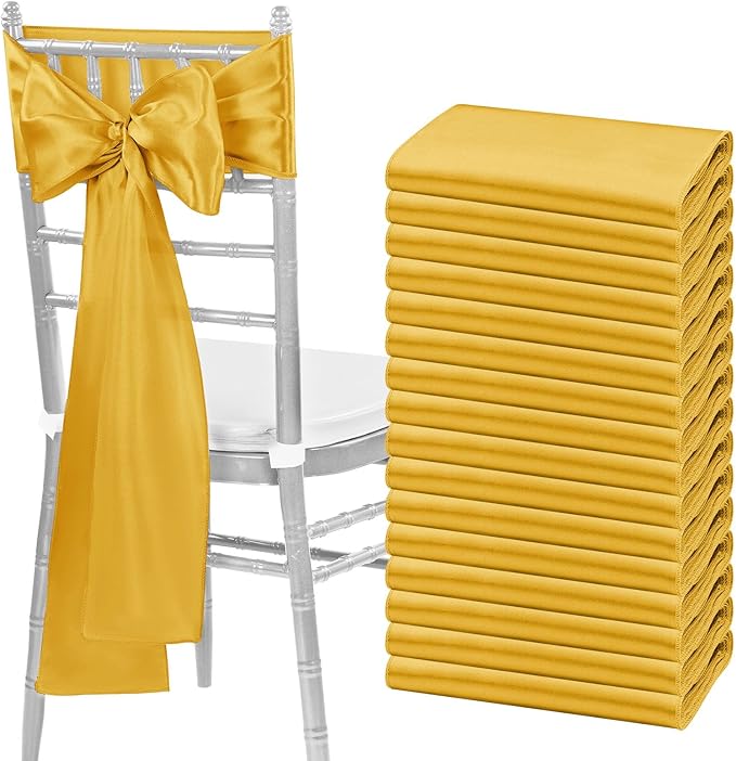 fani 60 PCS Gold Satin Chair Sashes Bows Universal Chair Cover for Wedding Reception Restaurant Event Decoration Banquet,Party,Hotel Event Decorations (7 x 108 inch)