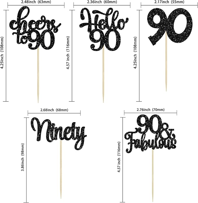 Gyufise 30Pcs Happy 90th Birthday Cupcake Toppers Black Glitter Ninety Cheers to 90 Years Old Birthday Cupcake Picks for Happy 90th Birthday Anniversary Party Cake Decorations