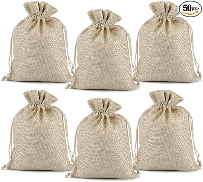 Lucky Monet 25/50/100PCS Burlap Gift Bags Wedding Hessian Jute Bags Linen Jewelry Pouches with Drawstring for Birthday, Party, Wedding Favors, Present, Art and DIY Craft (50Pcs, Cream, 4” x 6”)
