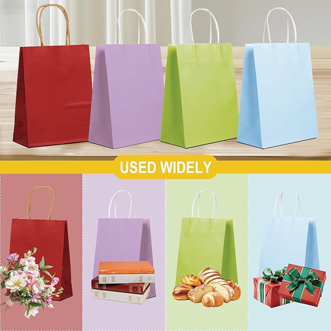BAG BOX 100 Pack 8.3 * 4.3 * 10.6 Inch Purple Gift Bags with Handles,Bulk Kraft Paper Bags for Shopping, Retail, Merchandise, Wedding, Party Favors, Paper Grocery Sacks