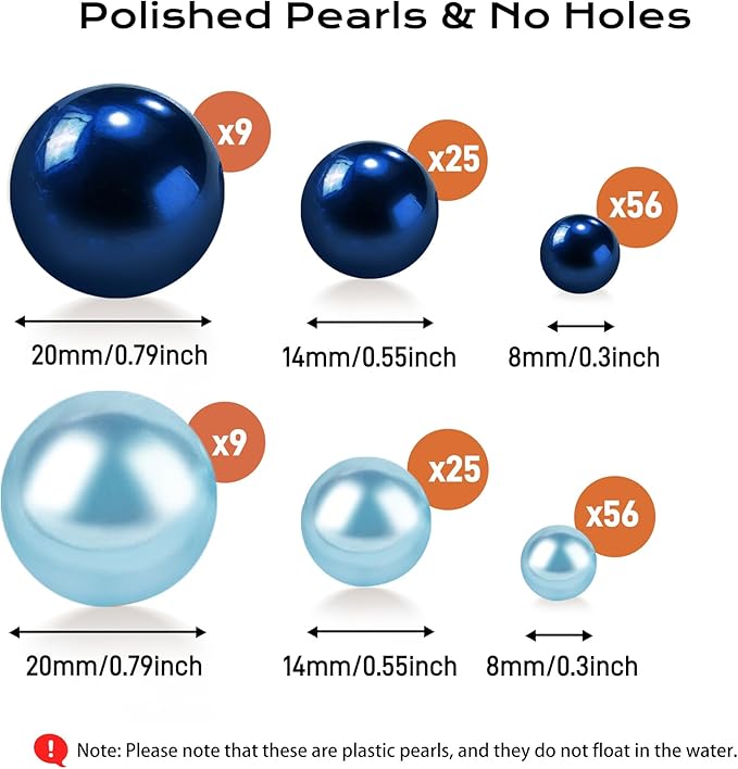 180PCS Navy & Light Blue Beads for Centerpieces Vases, No Hole Polished Pearl Makeup Beads Mixed 8/14/20mm Sizes, Pearl Vase Fillers Table Scatters for Party Wedding Decor