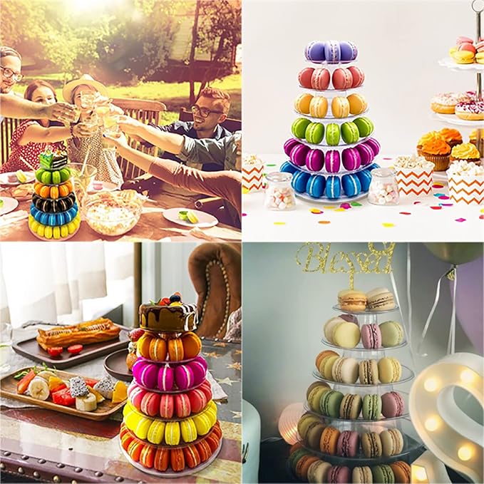 6 Tiers Round Macaron Tower Stand Plastic Cake Stand Macaron Display Rack Desserts Cupcake Holder Platter for Baby Shower, Birthday Party, Wedding, Party Decor