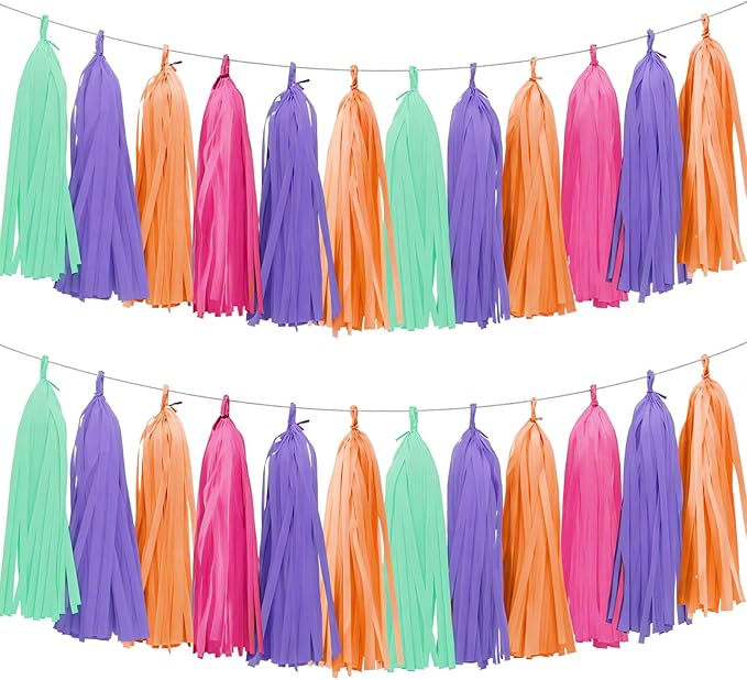 Tissue Paper Tassel Garland Banner, 20 Pack, Purple Blue Orange Pink, Pastel Party Decorations for Birthday, Baby Shower,Disco Them,Halloween