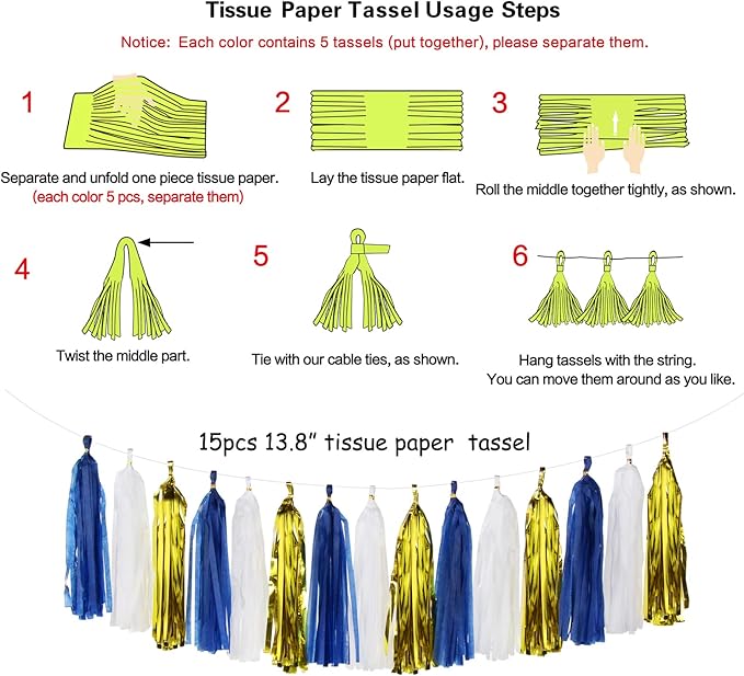 Navy-Blue White-Gold Tassel Garland Streamers- 15pcs Tissue Paper Tassels Banner Party Decorations Men Boy Birthday Graduation Bachelorette Engagement Backdrop Hanging Decor Panduola