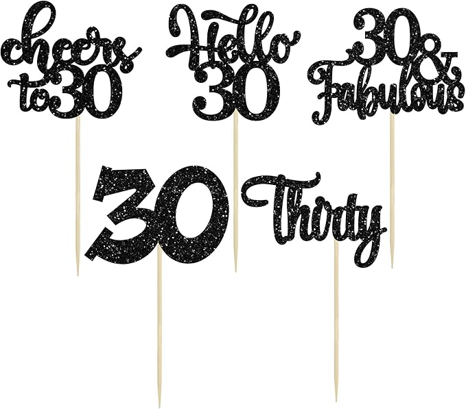 30Pcs Happy 30th Birthday Cupcake Toppers Black Glitter Thirty Cheers to 30 Birthday Cupcake Picks for Happy 30th Birthday Anniversary Party Cake Decorations Supplies