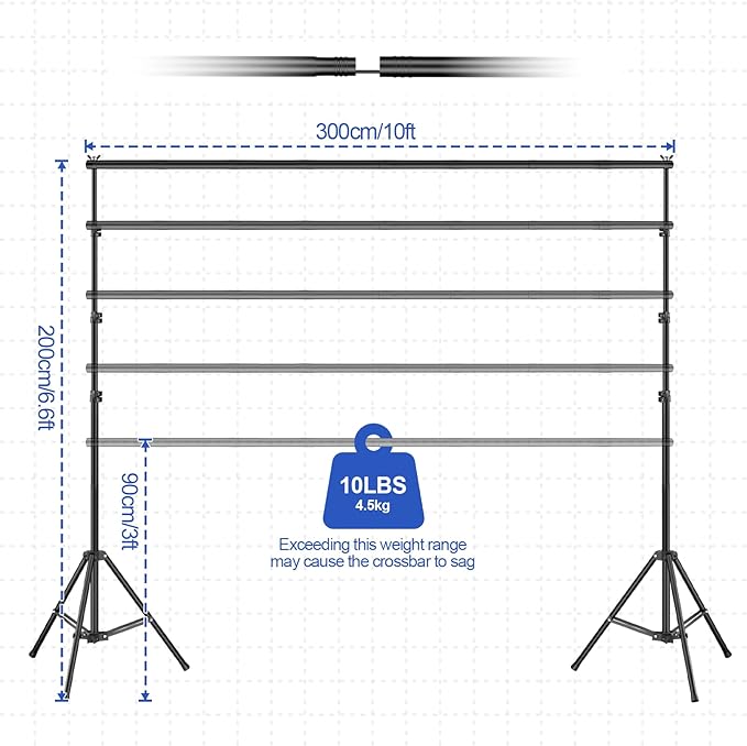 Backdrop Stand 10x6.6ft(WxH), Photo Studio Adjustable Background Stand Support System Kit with 8 Crossbars, 8 Clamps and Carrying Bag for Parties, Wedding, Photography, Decoration