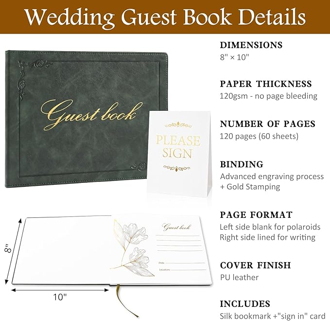 8x10 Leather Guest Book and Standup Sign Set, Gold Foiled Cover Registry Book for Wedding Reception, Retirement Party, Vacation Homes and Events, 120 Pages (Green)