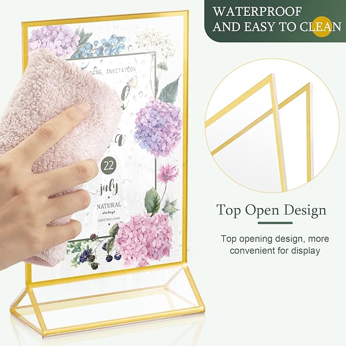 24 Pack Gold Picture Frames 4 x 6 Inch Clear Acrylic Sign Holders Double Sided Display Frames Bulk with Stand 2 mm Gold Border for Table Numbers Wedding Party (Vertical)