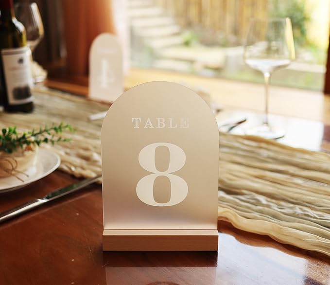 Wedding Table Numbers 1-15, Acrylic Arch Signs with Natural Wood Stands Holders, Rustic Table Decor for Reception & Parties (Frosted White)