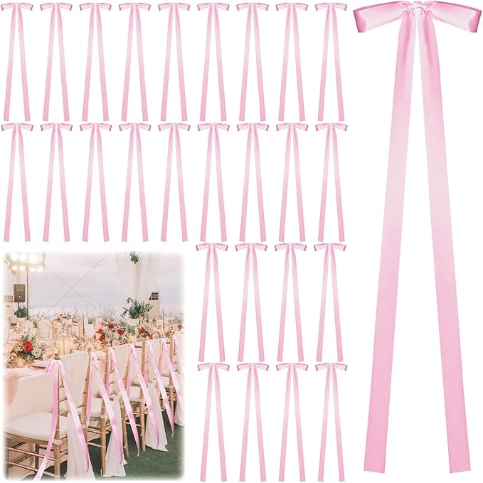 24 Pcs Large Wedding Pink Ribbon Bows for Wedding Chairs Decorative Ribbon Sashes for Pew Back Elegant Ceremony Ribbons for Bridal Shower Banquet Marriage Ceremony