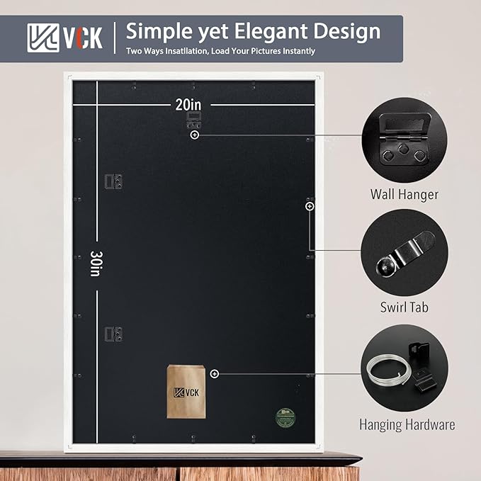 VCK 20x30 Poster Frame White - 5 Pack, Solid Wood Picture Frame | Matted to 16x24 or 20x30 without Mat | Textured Exclusive | Wall Mounting Hanging