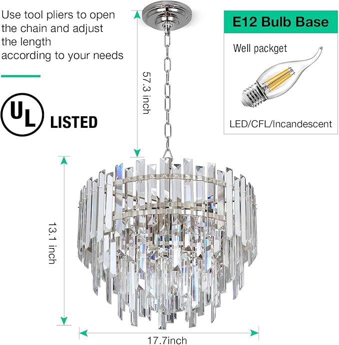Chrome Crystal Chandelier Lighting 17.7'' for Dining Rooms Bedroom Foyer Entryway Ceiling Hanging Pendant Chandelier Light Fixture Lamp