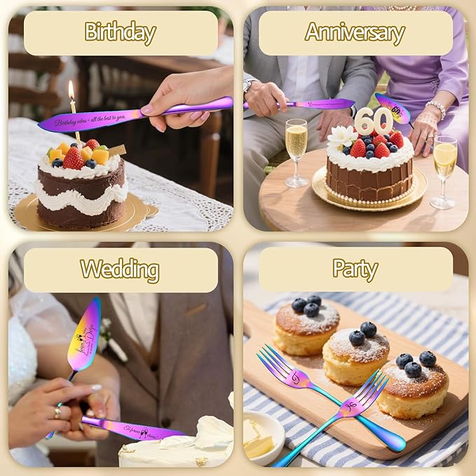 Personalized 4 Piece Wedding Cake Cutting Set, Custom Names Cake Knife and Server set with Forks, Anniversary Birthday Bridal Wedding Registry Gifts (Multi-color)