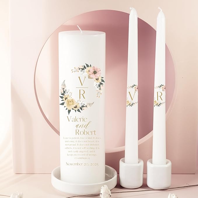 Unity Candles for Wedding, Modern Unity Set, Custom and Personalized Pillar and Taper Candles with Bible Quote, Unscented White Premium Wax, Religious and Wedding Ceremony, Special Events