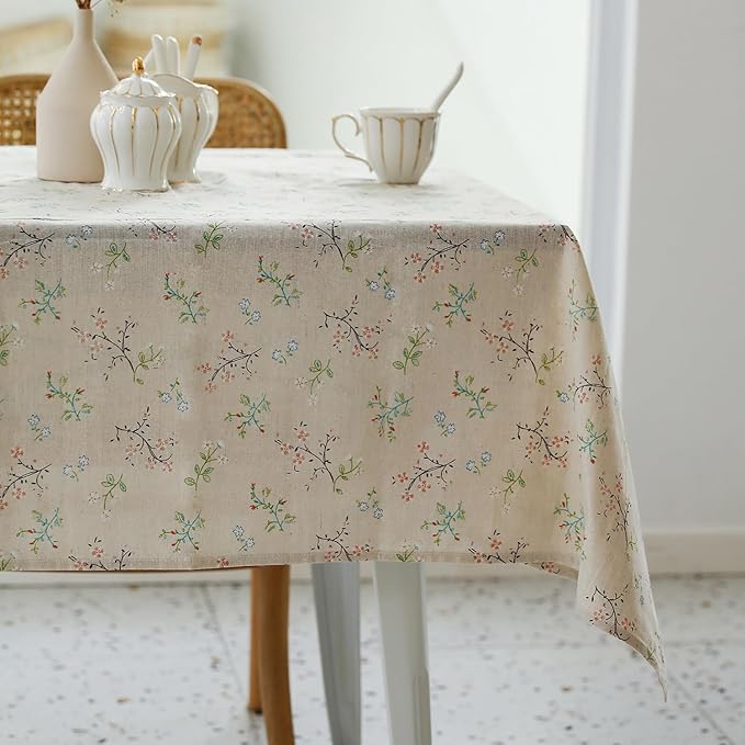 Pastoral Rectangle Tablecloth - 60 x 84 Inch - Beige Linen Table Cloth - Washable Table Cover with Dust-Proof Wrinkle Resistant for Restaurant, Picnic, Bistro, Indoor and Outdoor Dining, Gardenia