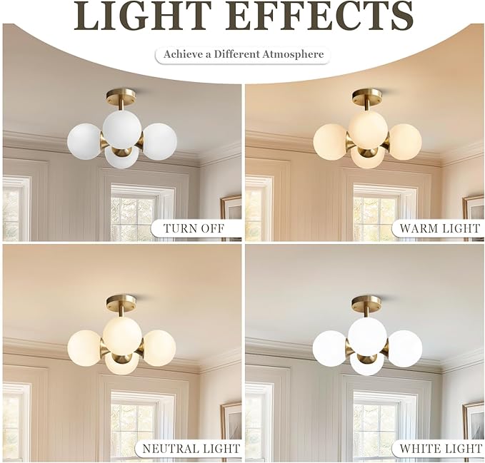 KCO Lighting Antique Brass 4-Light Ceiling Light Mid-Century Frosted Glass Globe Chandelier Modern Flush Mount Ceiling Light Fixtures for Bedroom Living Room
