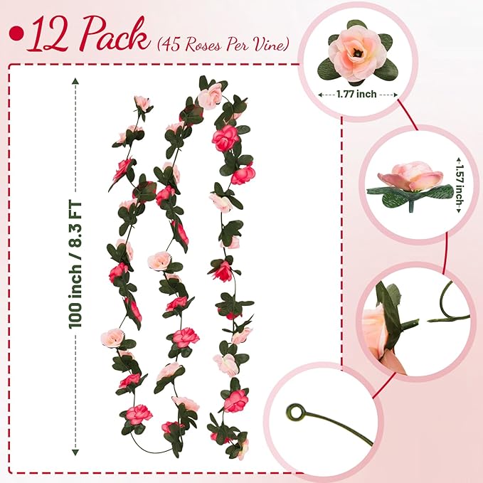 12 Pcs 99 Ft Flower Garland Rose Vines, Pink Rose Garland for Decoration, Flower Vine for Room Table Birthday Wedding Party Garden Wall Decor