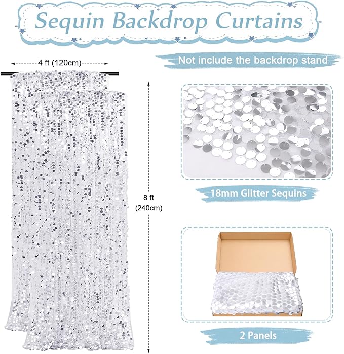 Silver Sequin Backdrop Curtains 2 Panels 4FTx8FT Big Payette Glitter Backdrop Baby Shower Photography Backdrop Background