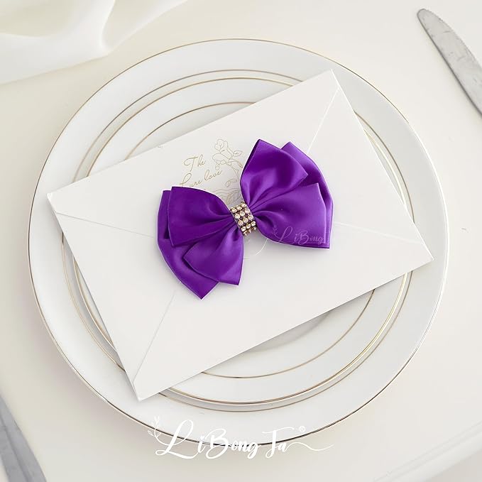 Purple Ribbon Bow 4'' Premade Satin Bow, Purple Gift Bows with Rhinestone, Wrapping Bows for Presents, Greeting Cards, Treat Bags, Wine Bottles, Valentines Bows for Gift Wrapping-12 Counts