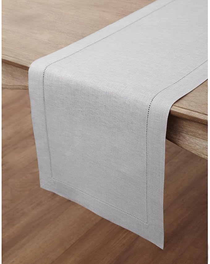 Solino Home Linen Soft Grey Table Runner 48 Inches - Classic Hemstitch, 100% Pure Linen Coffee Table Runner 14 x 48 Inch Ideal for Dresser Tables - Fall, Autumn, Halloween, Thanksgiving, Christmas