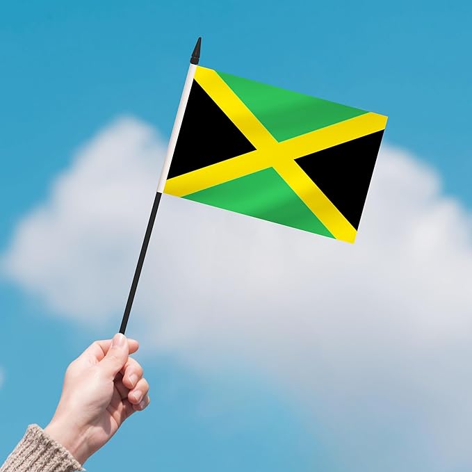 12 Pack Jamaica Desk Flags, Jamaican Desktop Flag, Small Miniature Office Flags with 12" Black Pole and Black Base, Offices, Classroom, Home, Festival Decoration (Jamaica)