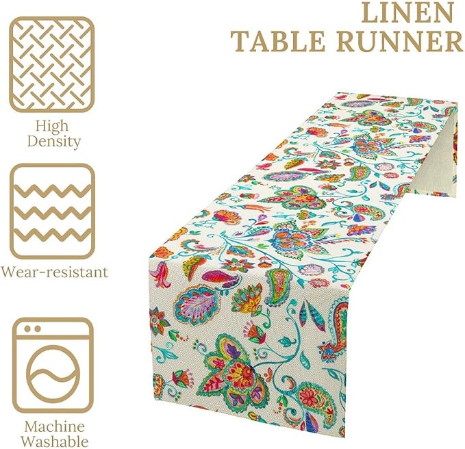 Paisley Table Runner, Watercolor Floral Oriental Indian Traditional Tulips Leaves Bohemian Paisley Print Table Runner for Kitchen Dining Tables Party Decor, 13x70inch