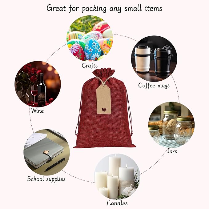 Tapleap Burlap Bags with Drawstring - 10Pcs 8x12 Red Gift Sacks for Wrapping Halloween Favors, Breads, Mason Jars, For Birthday, Wedding, Fall Themed Party or Household Use