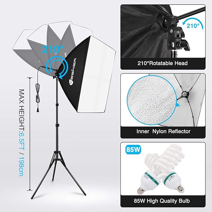 Yesker Photography Lighting Kit 8.5x10ft backdrop Support Equipment System Umbrella 5500k Light Bulb Softbox Continuous Lighting for Photo Shoot Studio Portrait Product and Video Recording Photography