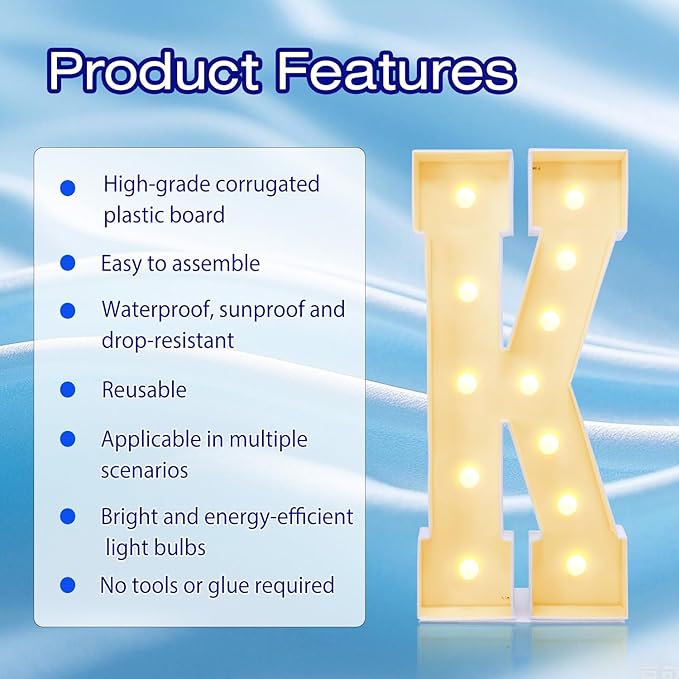 4FT Marquee Plastic Letters K - Light up Letters K Are Made from Corrugated Plastic Board - Quick Assembly Without Tools, Disassembled Components Can Be Used for Garage Sale Signs, Yard Sale Signs