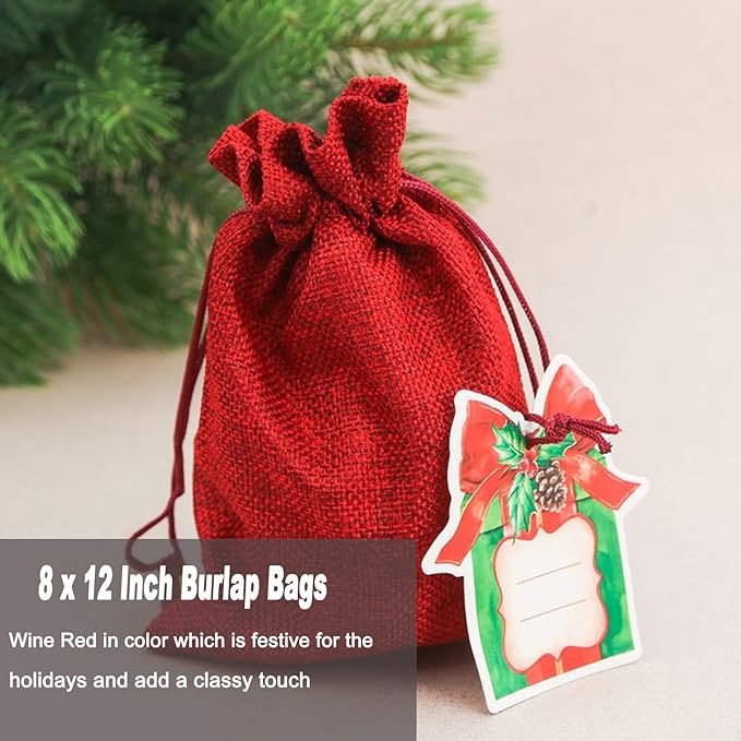 ZOENHOU 30 Packs 8 x 12 Inch Wine Red Burlap Bags Bulk with Drawstring, Drawstring Gift Bags, Dustproof Burlap Sacks for Favors Party DIY Craft