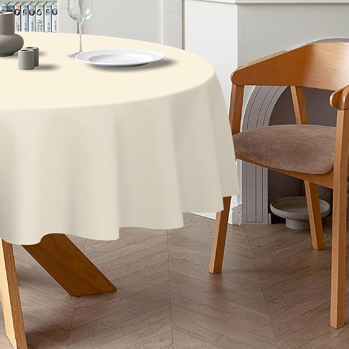 QIKSION Ivory Round Tablecloth 6 Pack, 84 Inch Plastic Table Cover Disposable for Parties