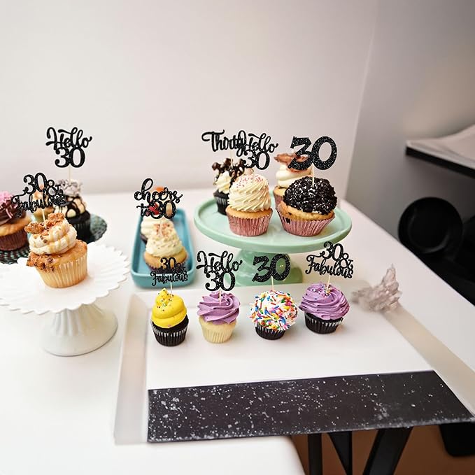 30Pcs Happy 30th Birthday Cupcake Toppers Black Glitter Thirty Cheers to 30 Birthday Cupcake Picks for Happy 30th Birthday Anniversary Party Cake Decorations Supplies