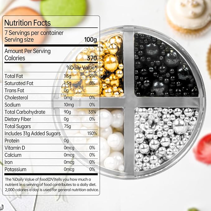 Edible Pearl Sugar Sprinkles for Cake Decorating, Mix 4 Colors Gold White Silver and Black Pearls Sprinkles for Cupcake, Cookie, Baking Cake Decorations, 160g/5.64oz, Holiday, Wedding Party Supplies